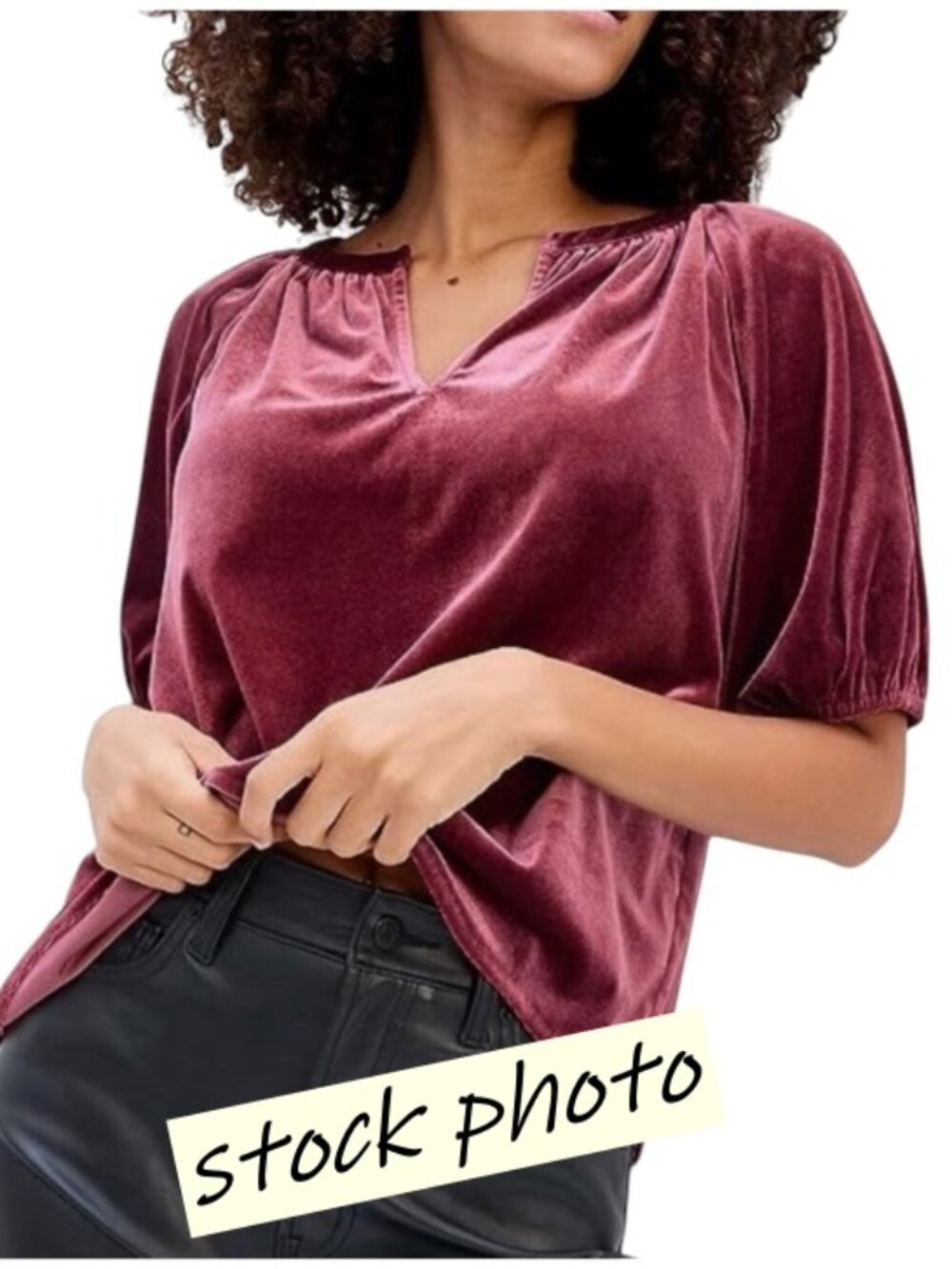 GAP NWT Womens XS Plum Velvet Puff Sleeve Blouse Top Relaxed Fit Split Neck FALL